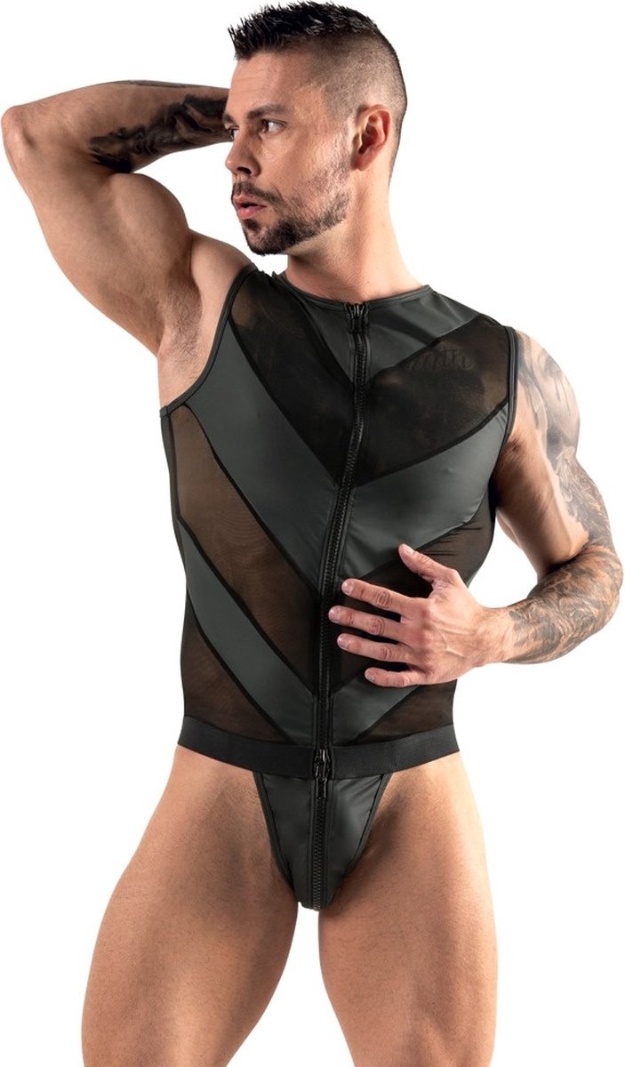 Goedkoopste Halftransparante Mannen Body met Jockstrap en Rits
