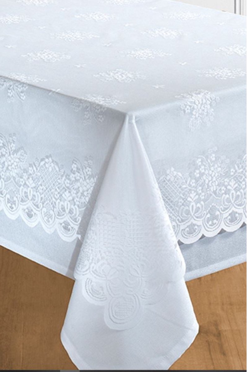 Univers Décor - Vintage stijl vlekbestendig tafelkleed - kanten opleg in alle maten- Tafelkleed - wit tafelkleed - Rechthoekig tafelkleed 150 x 300 cm - kanten opleg 140 x 290 cm