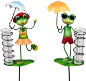 Tuinsteker regenmeter kikker funny man of vrouw - metaal en glas handgeschilderd - 90 cm hoog - 1 willekeurige