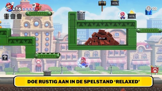 Mario speelt in een stadse omgeving met platforms. Mario zit in een bubbel. Tekst: Doe rustig aan in de spelstand 'Relaxed'.