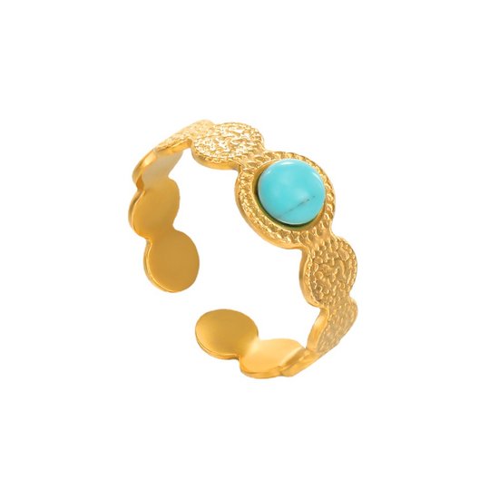 Ring – Rvs – Goudkleur - Bewerkt met Turquoise - edelsteen – Verstelbare – Opengewerkte - Makkelijke voor mensen met moeilijke en artrose vingers