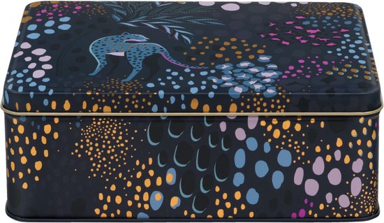 Boîte à motifs léopard dans des couleurs nocturnes avec des touches dorées.