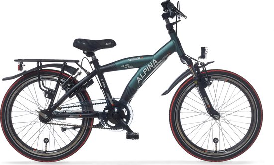 Alpina Yabber fiets in mat groen met zwarte details en rode velgrand.