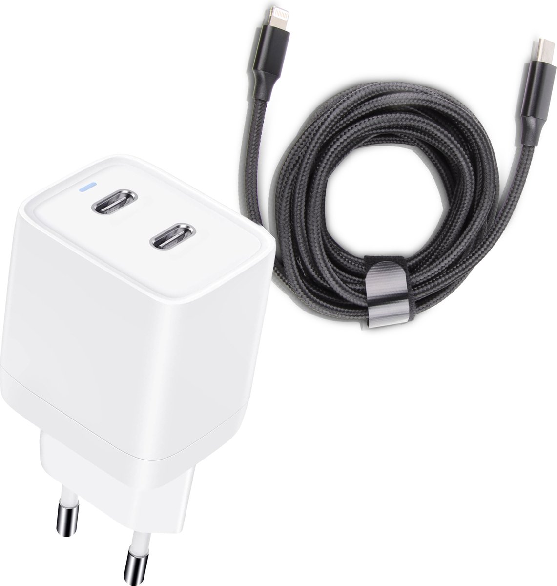 Lange snellader 2 poorten geschikt voor Lightning (iPhone 14/13/12) - 45w Snellader - Usb-C Power Adapter - 3 Meter