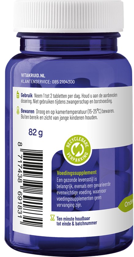 Achterkant van een paarse fles Vitakruid Femme. Label met gebruiksaanwijzing, houdbaarheidsdatum en "Recyclebare verpakking".
