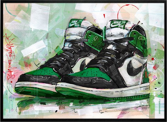 Sneaker print retro high pine green 71x51 cm *ingelijst & gesigneerd