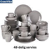 CasaVibe Service de Vaisselle - 48 pièces - 12 personnes - Céramique - Luxe - Service d'assiettes - Tasses - Bols - Grijs - Navia