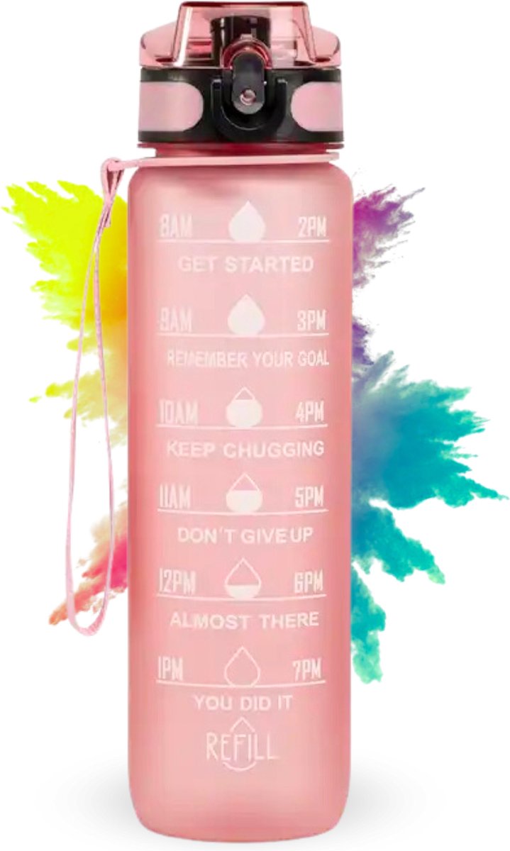 Innovaland Motivatie Waterfles Roze - 1 Liter Drinkfles - Waterfles met Rietje - Waterfles met tijdmarkering - BPA Vrij - Volwassenen - Kinderen