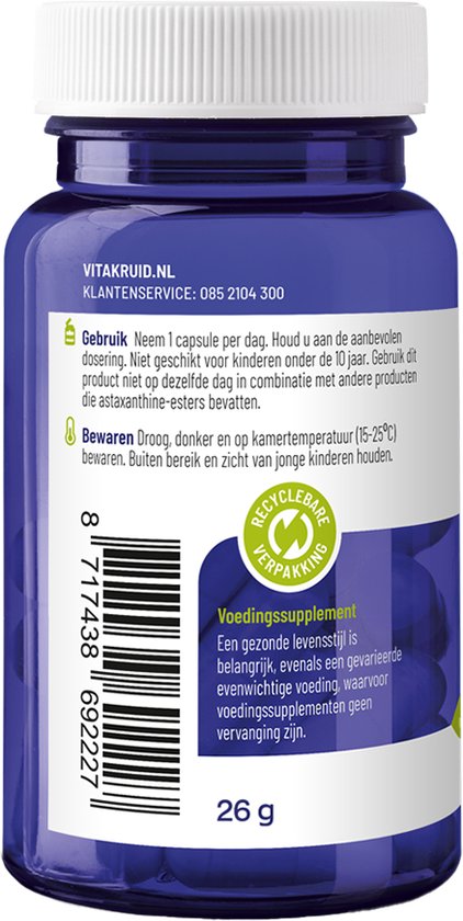 Paarse pot met 60 vegan capsules. Label met Vitakruid logo en tekst.