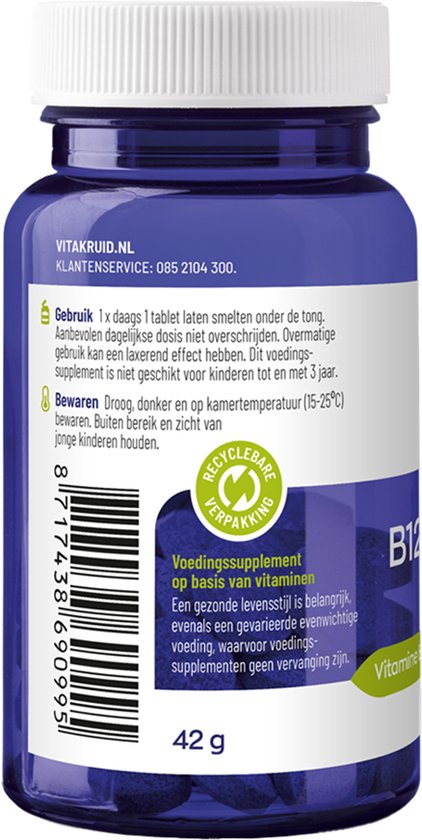 Blauwe pot met witte dop, achterkant label met gebruik, bewaren en voedingssupplement informatie.