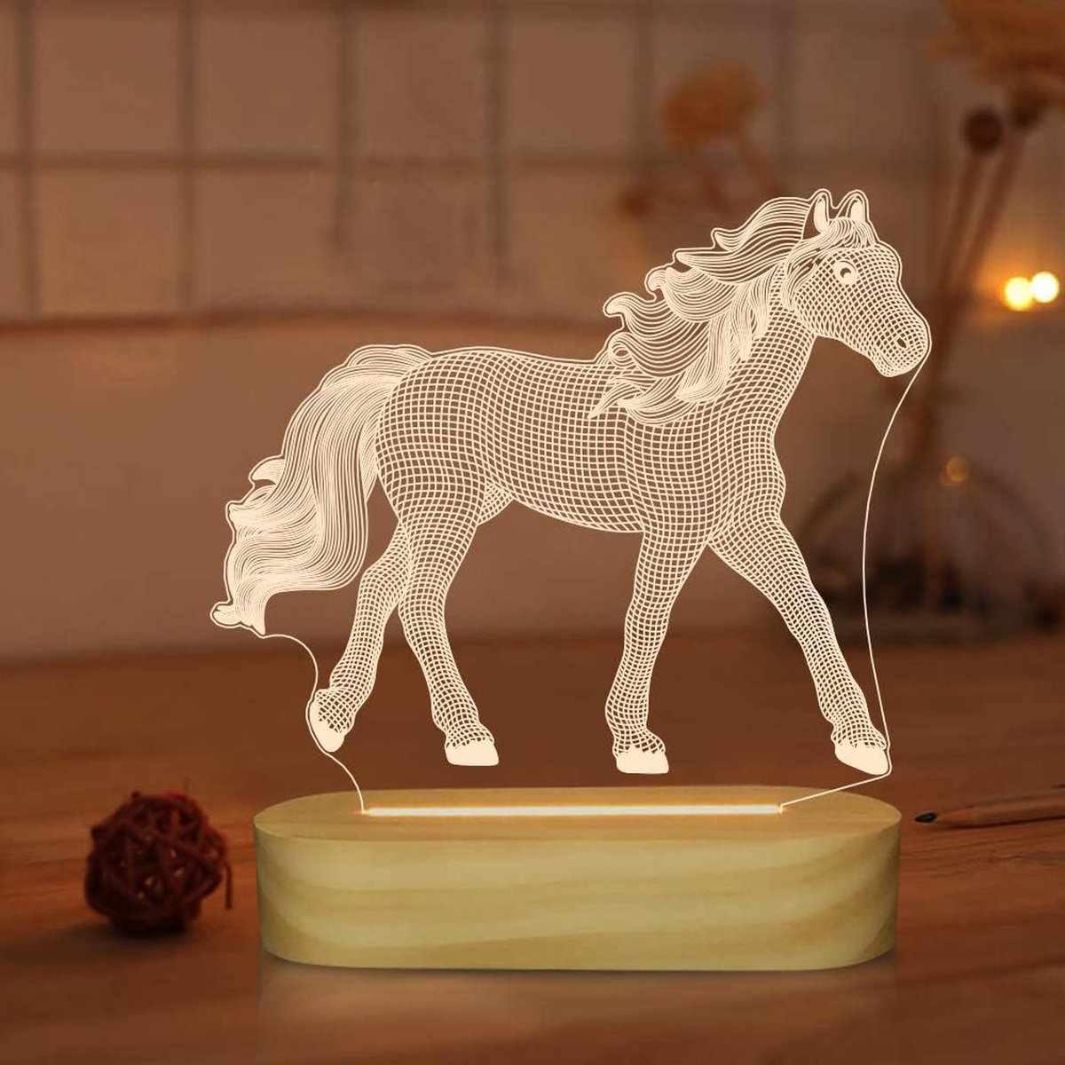 3D Illusie Paard Nachtlampje - LED Warmwit Licht - Slaapkamerdecoratie - Betoverend 3D-effect - Aanraakschakelaar - USB Oplaadbaar