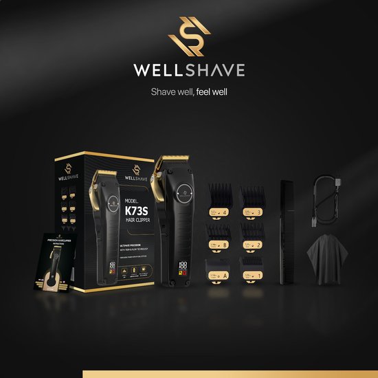 Wellshave K73S Hair Clipper set met tondeuse, 6 opzetstukken, kam, kap, oplaadkabel en handleiding.