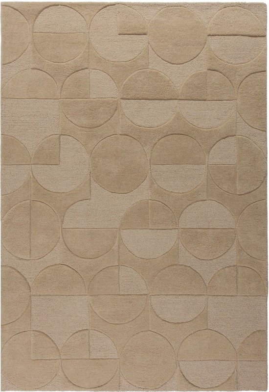 Beige vloerkleed met een geometrisch cirkel- en vierkantpatroon in verschillende tinten beige.