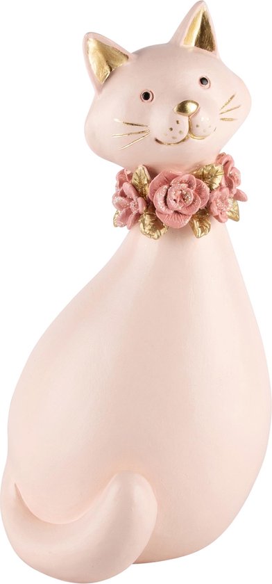 Décoratif | Chat avec couronne de fleurs, rose, résine, 14x14x27cm | A240735