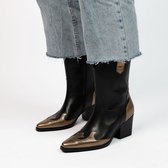 Manfield - Dames - Zwarte leren cowboy laarzen met goudkleurige details - Maat 37