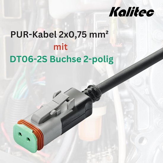 Kalitec Deutsch DT06-2S 2-polig met gegoten 5 meter PUR kabel 2x0,75 mm² zwart I geassembleerde kabel met stopcontact I waterdichte stopcontactbehuizing I voorgemonteerde kabel aansluitklaar