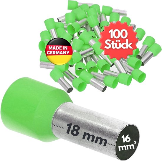 100 pièces Kalitec AE1618GN embouts isolés 0 mm² 18 mm de long vert I Fabriqué en Allemagne I Qualité industrielle