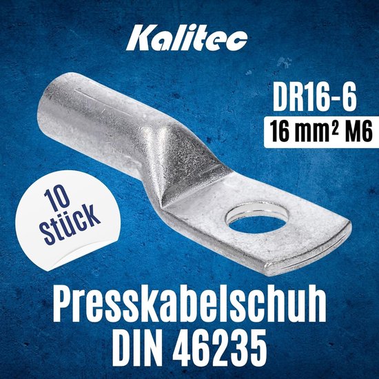 Kalitec DR6-6 Lot de 10 cosses à sertir 6 mm² M6 I Connecteur conforme à la norme DIN 46235 I Fabriqué en Allemagne Kalitec DR6-6 Lot de 10 cosses à sertir 6 mm² M6 I Connecteur conforme à la norme DIN 46235 I Fabriqué en Allemagne