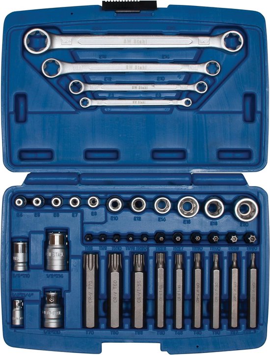 Boîtier bleu avec un jeu d'outils Torx de 39 pièces. Embouts en acier chrome-vanadium de différentes tailles.