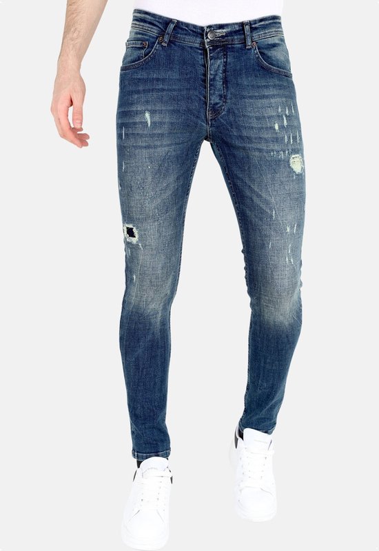 Blauwe Slim Fit Jeans met Scheuren Heren -MM118- Blauw