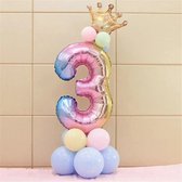 Ballonnen pakket 101 cm met cijfer 3 - Groot feestpakket verjaardag 3 jaar - versiering verjaardag kind - unicorn kleur ballon feestpakket - grote cijferballon met kroon