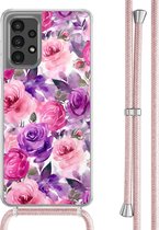Casimoda® hoesje met rosegoud koord - Geschikt voor Samsung A13 4G - Rosy Blooms - Afneembaar koord - TPU/polycarbonaat - Paars