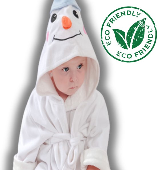 BoefieBoef Eco Sneeuwpop Baby Badjas Dier met Capuchon Kind - Bamboe Peuter Ochtendjas - 0 tot 2 jaar - Kinder Badcape - Kleuter Handdoek- Baby Badponcho - Kleuter Poncho - kraamcadeau - dierenbadjas