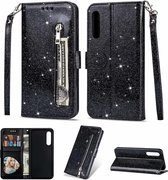 Portemonnee Hoesje - Wallet Case - Rits Sparkly Glitter - Telefoonhoes met Kord Geschikt voor: Samsung Galaxy A01 - Zwart
