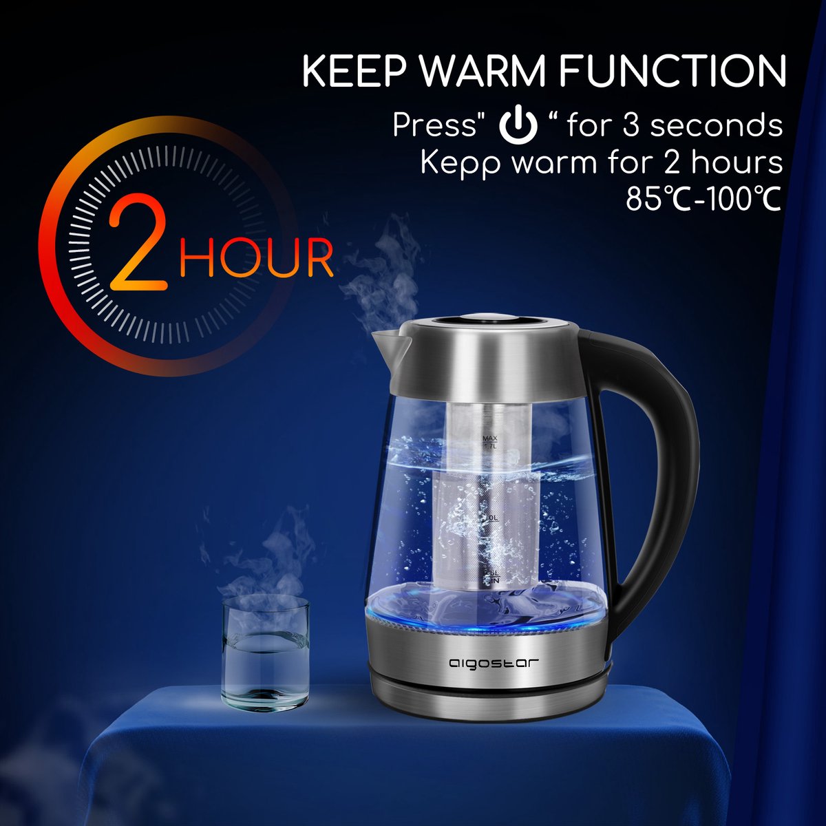Aigostar Cris - Waterkoker met Temperatuurregeling en Warmhoudfunctie - Glas - 1,7L - 2200W - LED Verlichting - Inclusief Theefilter — afbeelding 6