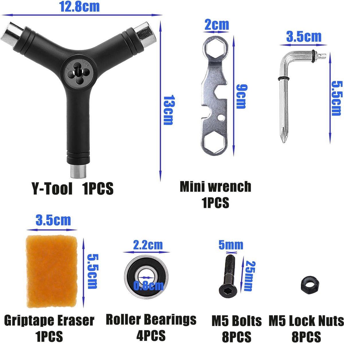 Lot De 15 Outils Multifonctions Pour Skateboard - Clés Allen, T-Tool, Y-Tool - Inclus Roulements Et Boulons