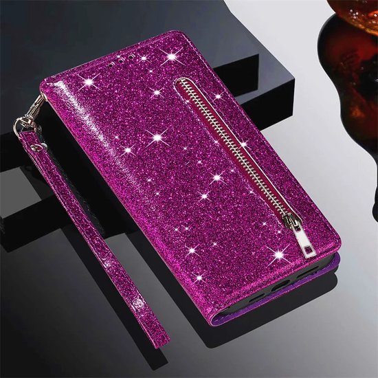 Étui portefeuille - Étui portefeuille - Fermeture éclair à Glitter scintillantes - Étui de téléphone avec Kord Convient pour : Apple iPhone 13 - Violet