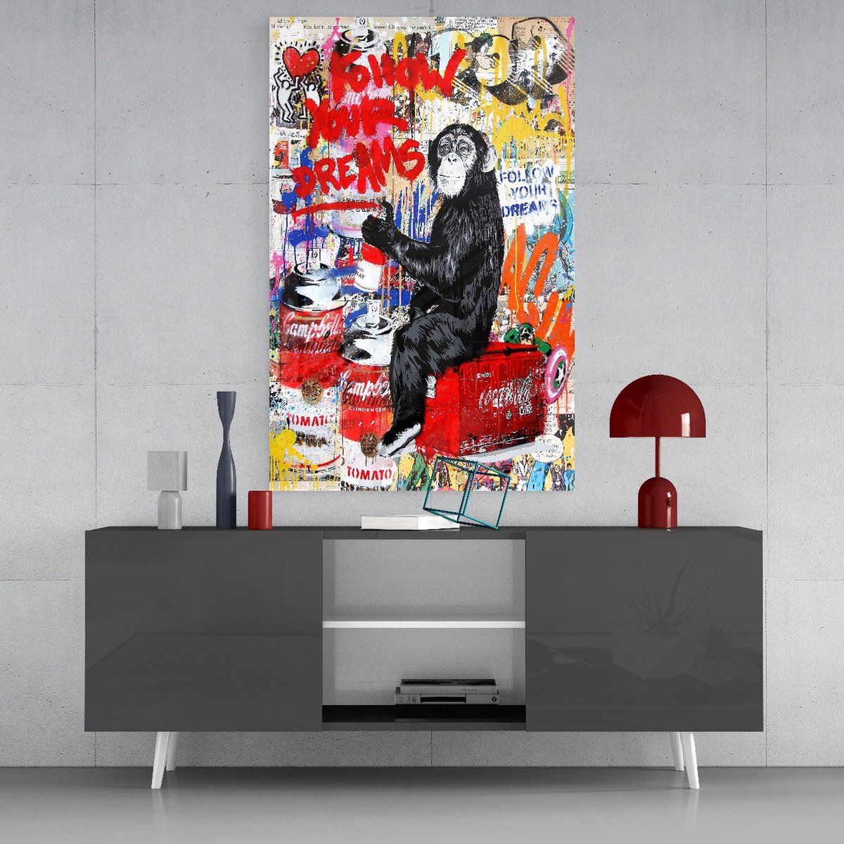 Insigne Art Glasschilderij Graffiti - Aap - Dieren - 72x46 cm Kleurrijk