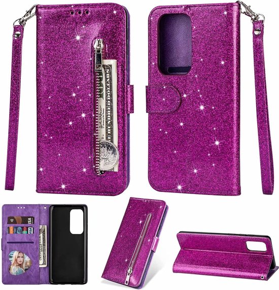 Étui portefeuille - Étui portefeuille - Fermeture éclair à Glitter scintillantes - Étui de téléphone avec Kord Convient pour : Oppo A57 4G & A57s - Violet
