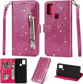 Portemonnee Hoesje - Wallet Case - Rits Sparkly Glitter - Telefoonhoes met Kord Geschikt voor: OPPO A15 / A15s / A35 2021 - Roze