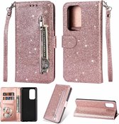 Portemonnee Hoesje - Wallet Case - Rits Sparkly Glitter - Telefoonhoes met Kord Geschikt voor: Oppo A57 5G & A77 5G - Rosegoud