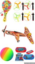 Speelpakket voor urenlang speelplezier -Regenboogbal- Waterspelletje- Vliegende schotel- 3D vliegtuigje- Batje met balletje