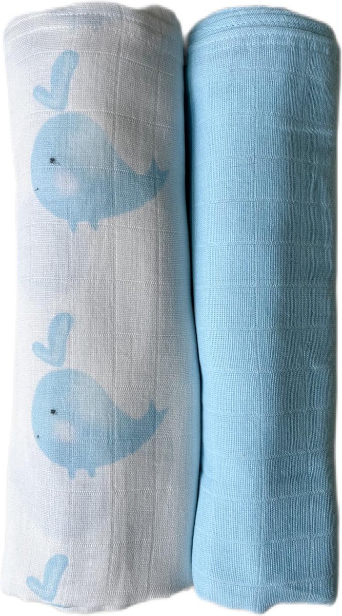Goedkoopste Hydrofiele doek 120x120cm-bakerdoek- 2stuks-wikkeldoek-print walvis effen lichtblauw