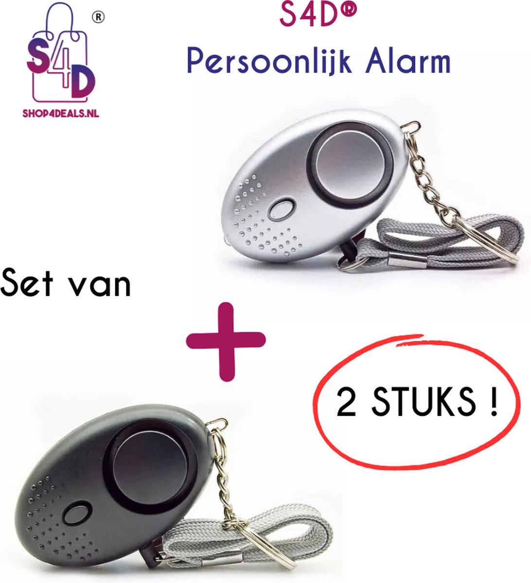 S4D® - Persoonlijk Zakalarm - Paniekalarm - Senioren Alarm - Veiligheid Alarm - Persoonlijke Alarmknop - Zelfverdediging Sirene - 130 Decibel - Incl. Batterijen - Met LED Zaklamp - Set Van 2 Stuks - Zwart + Grijs