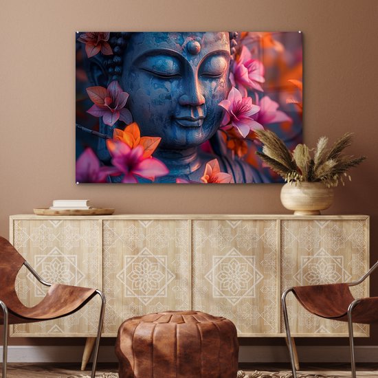MuchoWow® Glasschilderij 120x80 cm - Schilderij acrylglas - Boeddha - Portret - Bloemen - Buddha - Beeld - Foto op glas - Muurdecoratie woonkamer - Wanddecoratie slaapkamer - Schilderijen