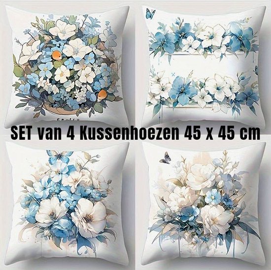 Allernieuwste.nl® SET 4 Stuks Kussens Blauwe Bloemen - 4x Kussenhoes 100% Zacht Polyester - Kussenovertrek Frisse Stijl - Kleur 45 x 45 cm - SET 4 Stuks %%
