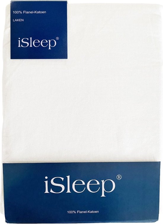 Wit iSleep flanellen laken, 100% katoen, met logo's en tekst.