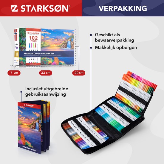 Productpresentatie met open etui, schetsboek, verpakking en afmetingen, met 'STARKSØN' logo.