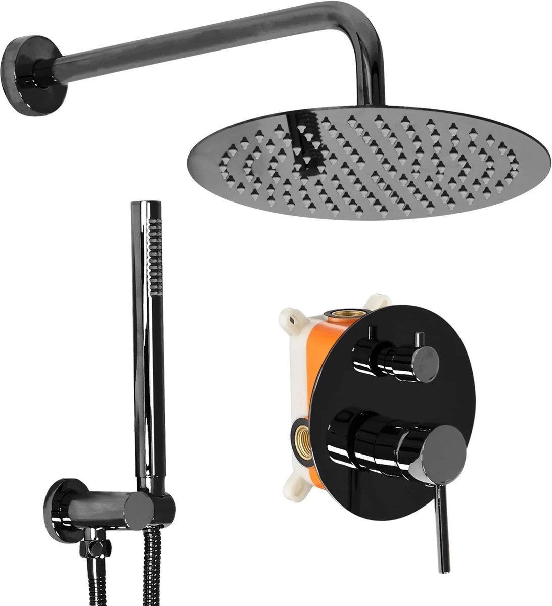 Regen doucheset inbouw metallic zwart - 4-voudige topkwaliteit coating - Inbouw Regendouche set met Handdouche en Wanduitloop Zwart - badkamer inbouw doucheset 100% kwaliteit - inbouw regendoucheset