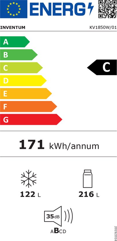 Inventum KV1850W No Frost energiezuinige koel-vriescombinatie - 185 cm hoog - 338 liter - Zeer stil: 35 dB - Superkoelen - Supervriezen - Energielabel C - Vrijstaand - Wit