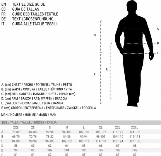 Maattabel met maten XS tot XXXL voor herenkleding, met lichaamsmaten A tot F in cm.