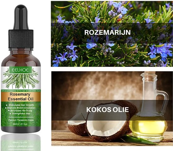 EELHOE Rosemary Essential Oil flesje met druppelaar, 30ml. Rechtsboven rozemarijnplant met bloemen, rechtsonder kokosolie in een karaf.