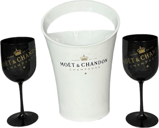 Moët & Chandon Ice Imperial Ice Bucket met 2 Glazen - Luxe Wijnkoeler / IJsemmer (wit) en Champagneglas 2x (zwart)