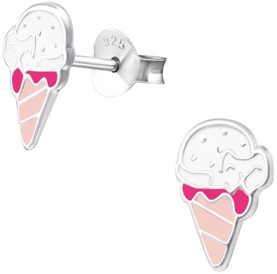 Joy|S - Zilveren ijsje oorbellen - 6 x 8 mm - wit met roze ijs