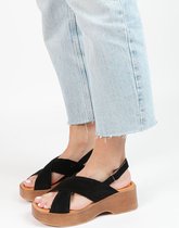 Sacha - Dames - Zwarte leren plateau sandalen - Maat 39