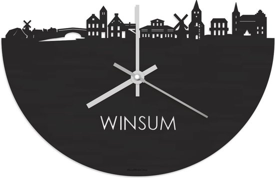 Skyline Klok Winsum Zwart hout - Ø 40 cm - Stil uurwerk - Wanddecoratie - Meer steden beschikbaar - Woonkamer idee - Woondecoratie - City Art - Steden kunst - Cadeau voor hem - Cadeau voor haar - Jubileum - Trouwerij - Housewarming - WoodWideCities